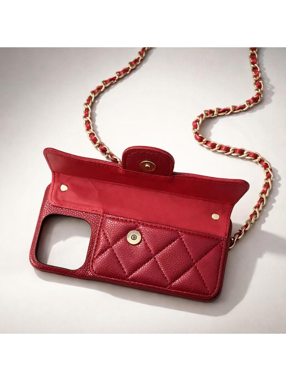 CHANEL Quilted Red Leather Phone Case with Gold Chain Strap - Picture 4 of 5